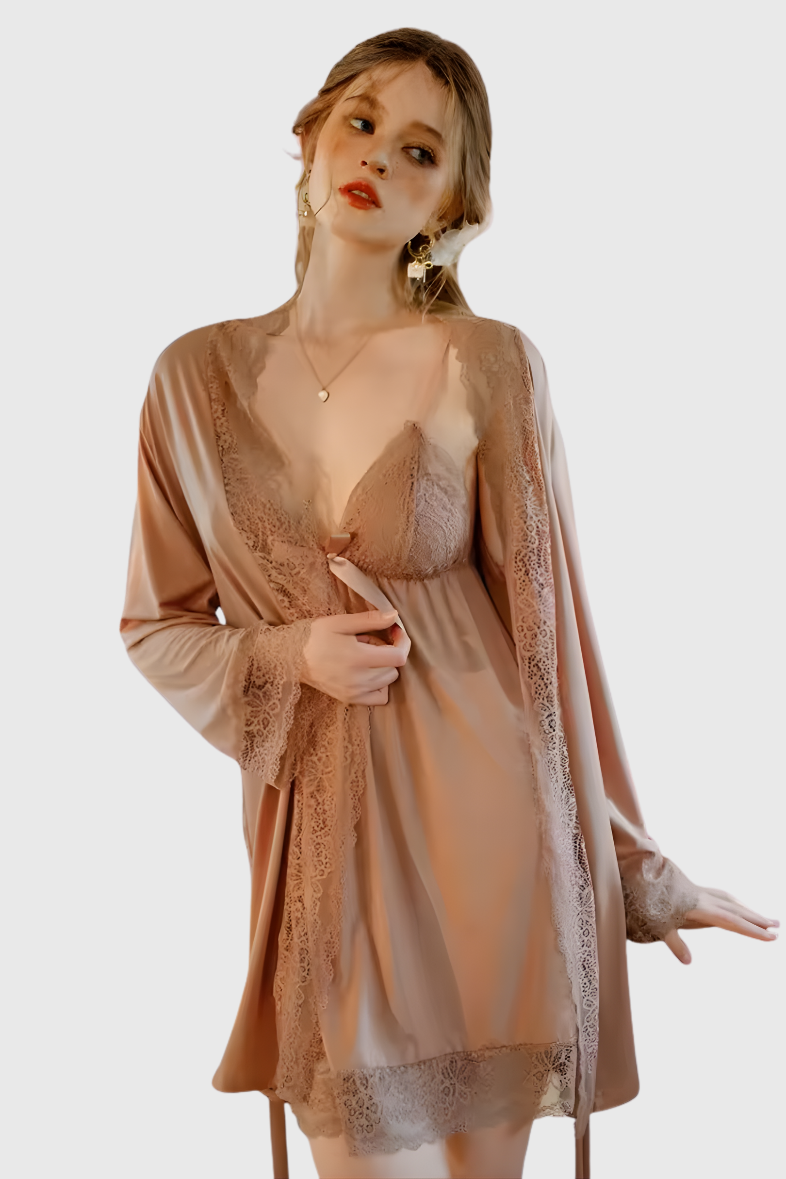 Stylish & Cute Front Bow Two-Piece Nighty –  (S35265)