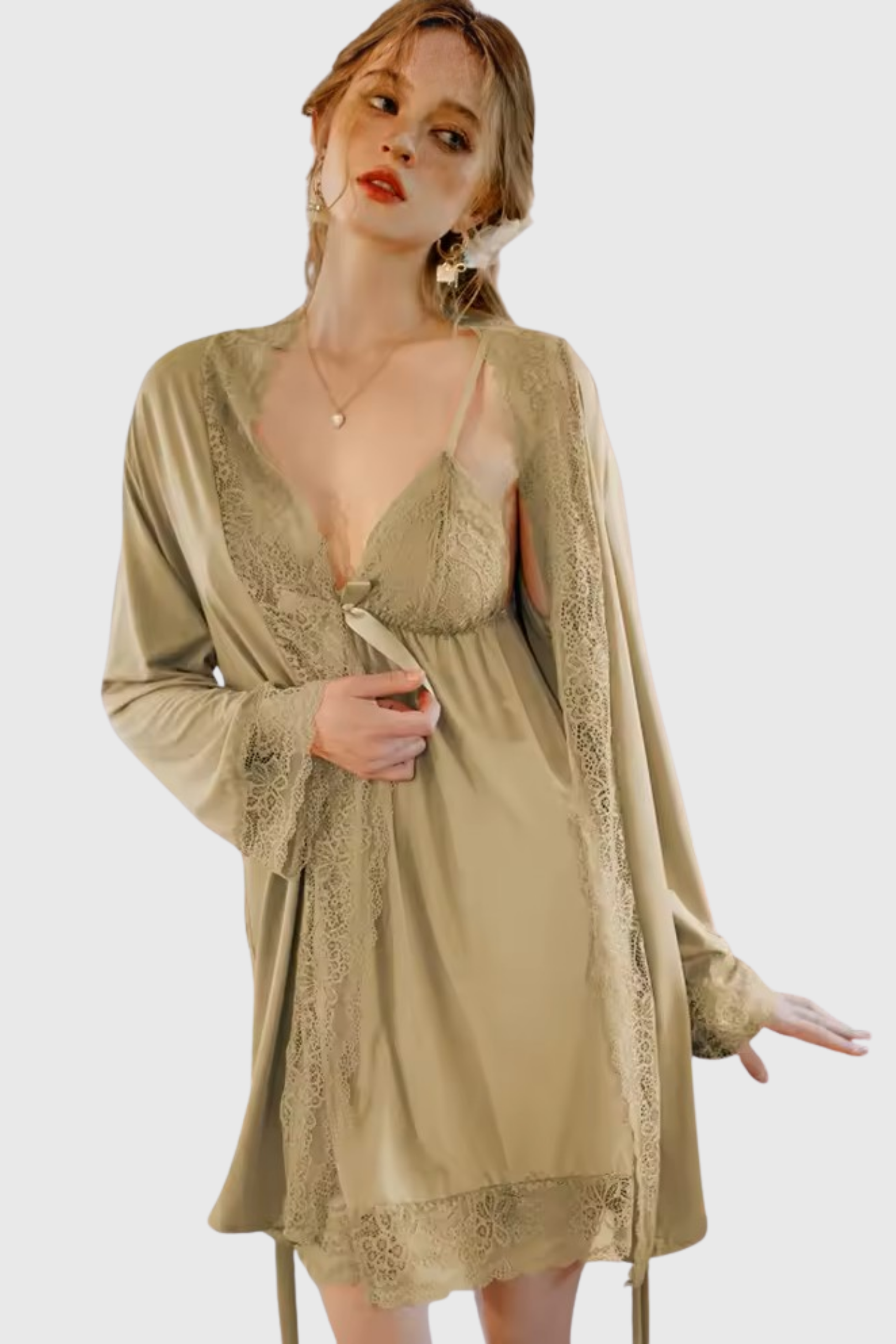 Stylish & Cute Front Bow Two-Piece Nighty –  (S35265)