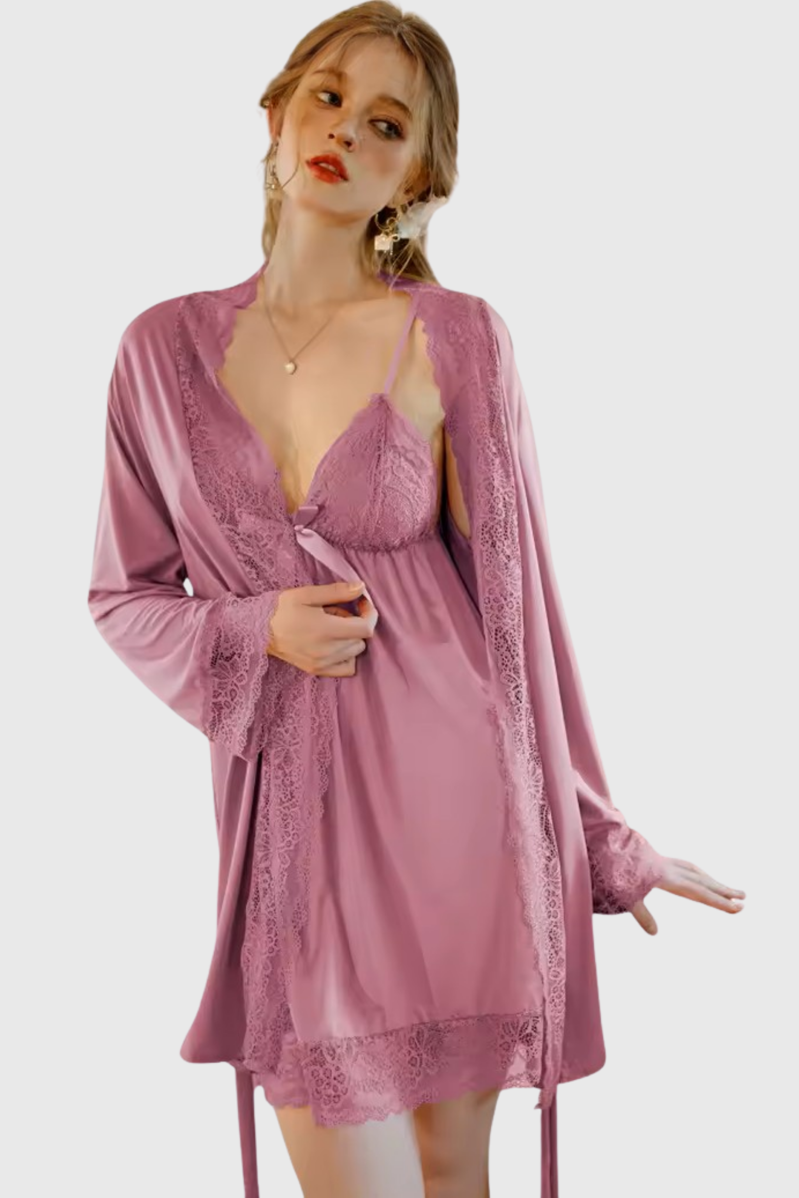 Stylish & Cute Front Bow Two-Piece Nighty –  (S35265)