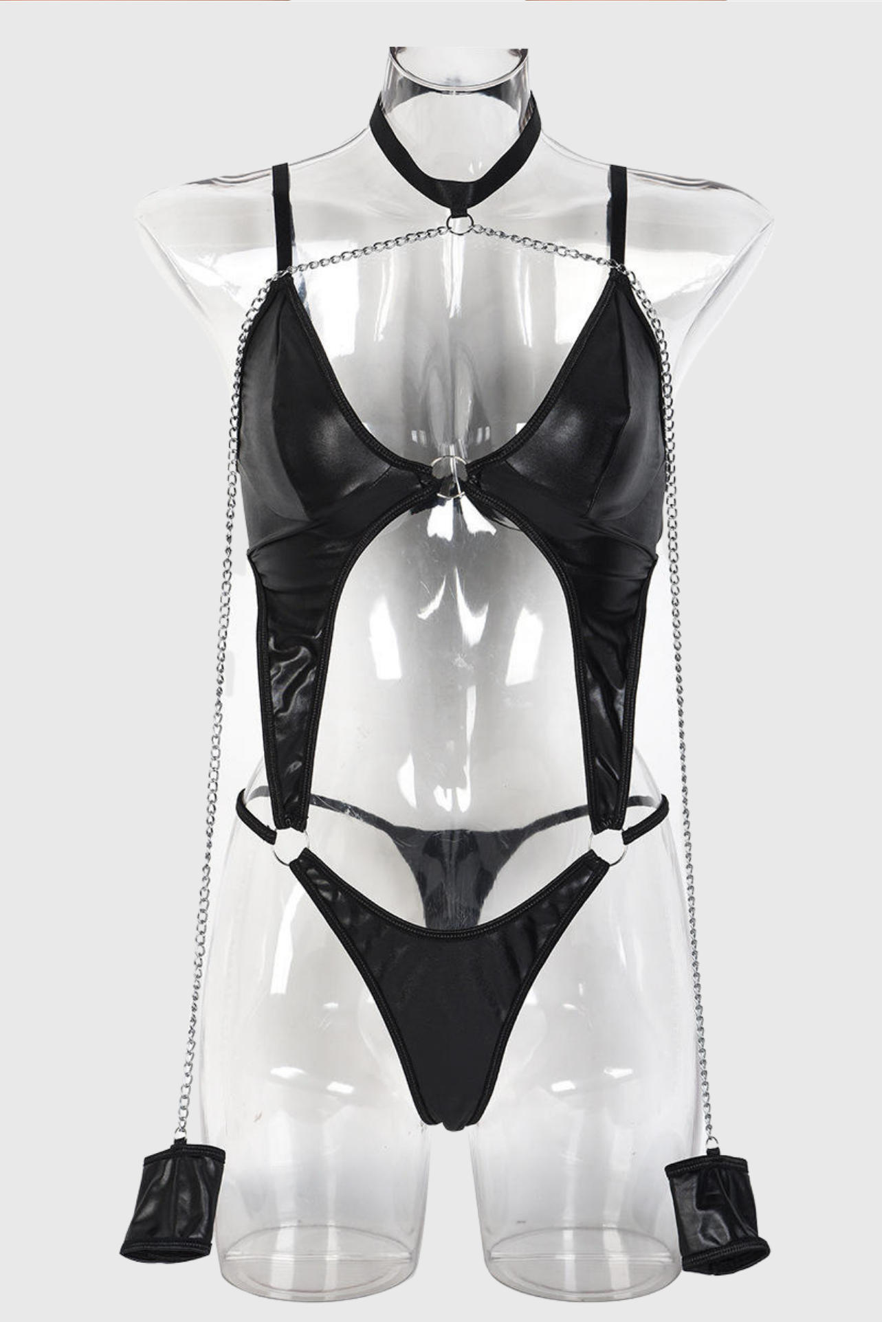 PU Leather Metal Chain Tassel Teddy – Hollow Out Sexy Lingerie for Women (68270)